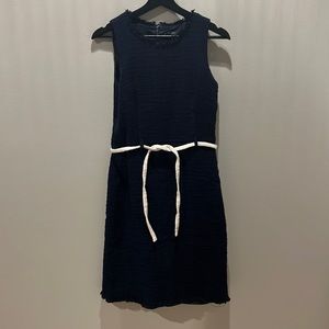 Blue sheath dress with white belt